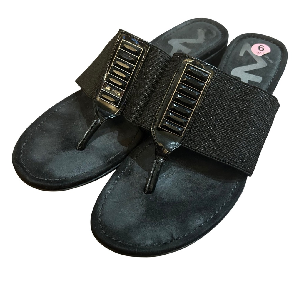 Anne Klein Sport Wedge Sandals Womens Black Embellished Elastic Thong Size 9
